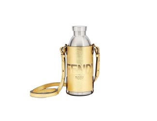 Fendi Roma Logo Steel Bottle and Gold Leather Holder Set