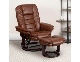 Brown Vintage LeatherSoft Multi-Position Recliner &Ottoman w/Mahogany Wood Base