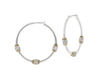 Beaded Pave CZ Triple Bead Hoop Earrings. Diameter: 1-1/4"- Rhodium and Gold
