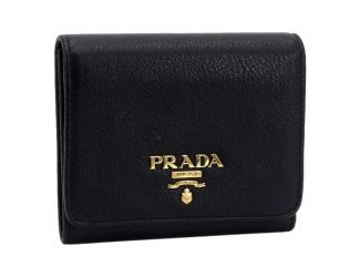 Prada Vitello Grain Black Trifold Compact Wallet Leather Logo Plaque