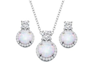PARIKHS Rhodium Plated Round Synthetic Opal Halo Necklace-Earring Set with CZ in 925 Sterling Silver