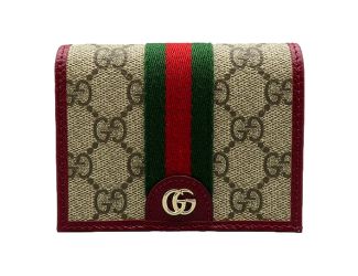 Gucci Ophidia Canvas Webstripe Burgundy Leather Bifold Snap Wallet