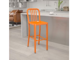 30" High Orange Metal Indoor-Outdoor Barstool with Vertical Slat Back