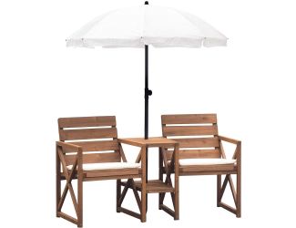 Wood Outdoor Conversation Set with Two Seats, Table, and Umbrella