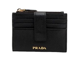 Prada Womens Vitello Grain Nero Black Leather Zip Top Card Wallet