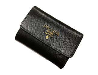 Prada Vitello Move Nero Black Trifold Coin Zipper Snap Card Holder Wallet