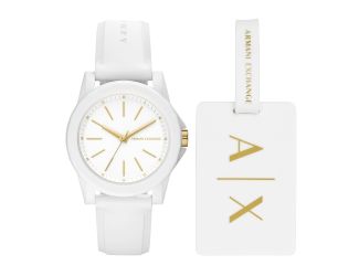 Armani Exchange Three-Hand White Silicone Watch and Luggage Tag Gift Set