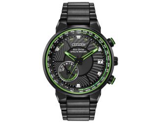 Men's Eco-Drive Satellite Wave GPS Watch, Black Stainless Steel with Green Accents