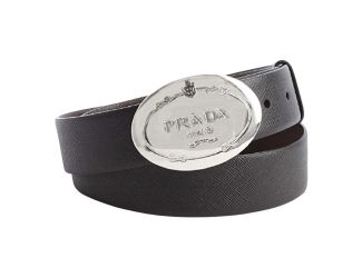Prada Black Saffiano Leather Engraved Oval Plaque Buckle Belt 110/44