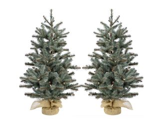4-Ft. Yardville Pine Artificial Porch Tree with Rustic Burlap Base and LED String Lights