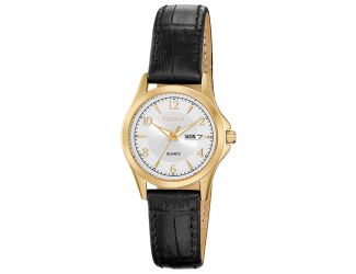 Ladies' Quartz Watch, Black Leather Strap with Silver Dial