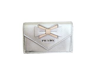 Prada Ribbon Saffiano Metallic Silver and Beige Leather Trifold Wallet
