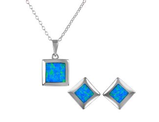 PARIKHS Square Blue Synthetic Opal Necklace-Earring Set in 925 Sterling Silver
