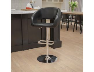 Black Vinyl Adjustable Height Barstool with Rounded Mid-Back and Chrome Base
