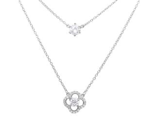 PARIKHS Rhodium Plated Double Chain CZ and Open Flower Necklace in 925 Sterling Silver