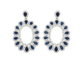 PARIKHS Rhodium Plated Open Oval Blue and Clear CZ Hanging Earring in 925 Sterling Silver