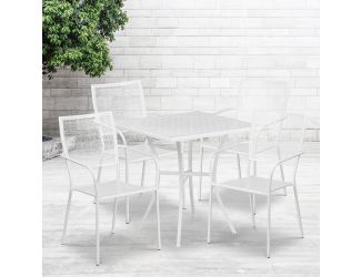 28" Square White Indoor-Outdoor Steel Patio Table Set with 4 Square Back Chairs