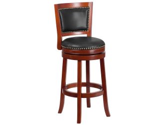 30" High Dk Cherry Wood Barstool with Open Panel Back & Walnut LeatherSoft Seat