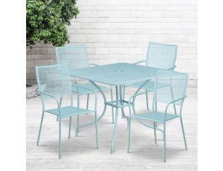 35.5" SQ Sky Blue Indoor-Outdoor Steel Patio Table Set w/ 4 Square Back Chairs