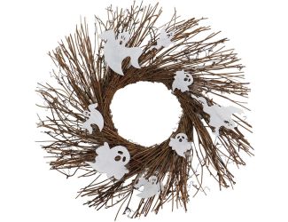 20-In. Battery-Operated Natural Twig Wreath with LED Lights and Spooky Ghosts for Halloween Door or