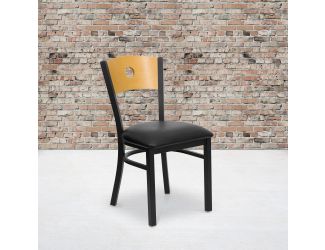 Black Circle Back Metal Restaurant Chair - Natural Wood Back, Black Vinyl Seat
