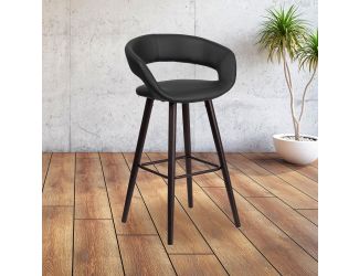 29" High Contemporary Cappuccino Wood Rounded Open Back Barstool in Black Vinyl