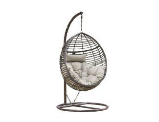 Outdoor Wicker Hanging Basket Chair w/Water-Resistant Cushions & Base - Brown
