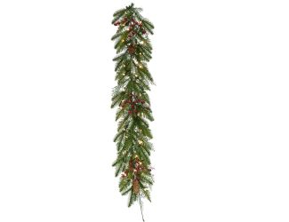 9-ft Garland with Pinecones, Red Berries, and Warm White LED Lights