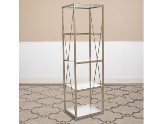 4 Shelf 64"H Cross Brace Glass Bookcase in Matte Gold - Tempered Glass Shelves