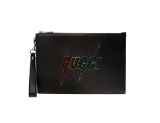 Gucci Blade Embroidered Black Leather Pouch Wristlet Bag