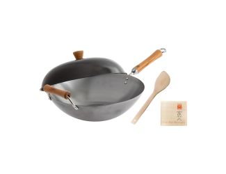 Joyce Chen - Classic Series 14" Uncoated Carbon Steel Flat Bottom Wok Set w/Lid & Birch Handles