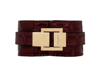 Saint Laurent Le Carre Red Croc Embossed Leather Double Wrap Bracelet Gold Square Clasp Small