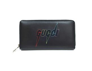 Gucci Black Leather Rainbow Blade Lightning Logo Long Wallet