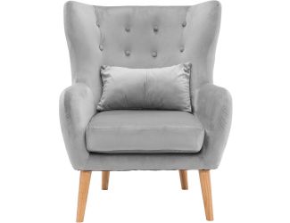 Faux Velvet Wingback Accent Chair with Lumbar Pillow and Wooden Legs, Gray