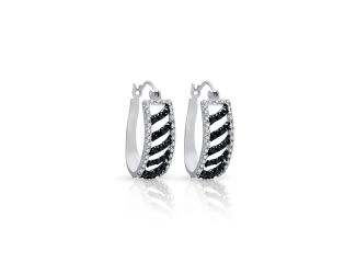 PARIKHS Rhodium Plated White Enamel Black Stripe CZ Hoop Earrings in 925 Sterling Silver