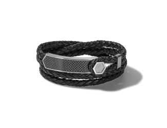 Double Wrap Braided Black Leather Bracelet - Medium