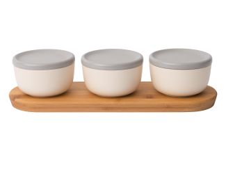 Leo 6pc Covered Bowl Set w/ Bamboo Tray, White