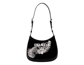 Prada Cleo Black and White Sequin Milano Logo Mini Leather Shoulder Bag
