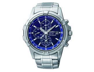 Mens Solar Alarm Chronograph Silver Case Blue Dial