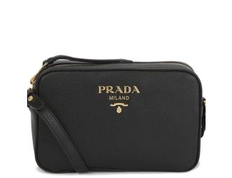 Prada Vitello Phenix Black Leather Gold Logo Camera Crossbody Bag