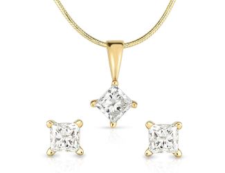 Princess Cut .50twt Diamond Earrings & 14K Gold Necklace Set