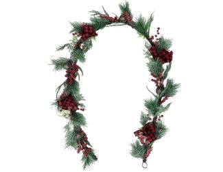9-Ft. Frosted Christmas Garland with Red Berries, Plaid Bows, and Rustic Sleigh Bells