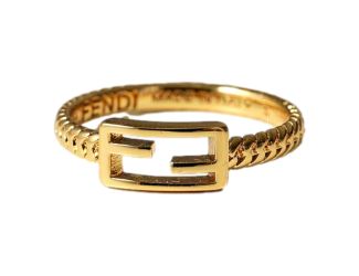 Fendi Baguette FF Logo Ring Gold Tone Twist Metal Band Small