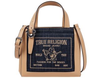 Bold heritage meets modern versatility with the True Religion Arvin Buddha Motif Crossbody Tote. This structured tote pairs rich cognac trim with classic indigo denim and features the iconic embroidered Buddha World Tour" graphic. Compact yet functional, 