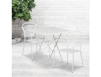 28" Square White Indoor-Outdoor Steel Folding Patio Table Set with 2 Chairs