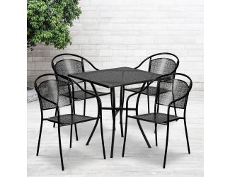 28" Square Black Indoor-Outdoor Steel Patio Table Set with 4 Round Back Chairs