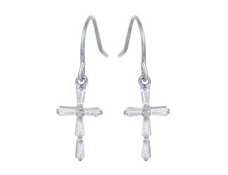 PARIKHS Rhodium Plated Small Cross Earring with CZ Baguette Accents in 925 Sterling Silver