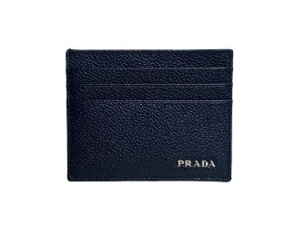 Prada Vitello Micro Grain Leather Baltico Blue Card Holder Wallet