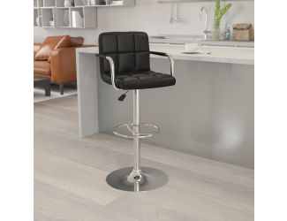 Black Quilted Vinyl Adjustable Height Barstool with Arms and Chrome Base