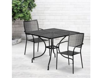 35.5" Square Black Indoor-Outdoor Steel Patio Table Set w/ 2 Square Back Chairs